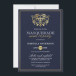 Invitación Elegante Marina Azul y Mascarada de Oro Dulce 16 F<br><div class="desc">Elegante Mascarada Azul y Oro de la Marina Dulce 16 Invitaciones de fiesta. Con una falsa máscara de Relieve metalizado dorado en la parte superior. Perfecto para una fiesta de 16 cumpleaños moderna y elegante.</div>