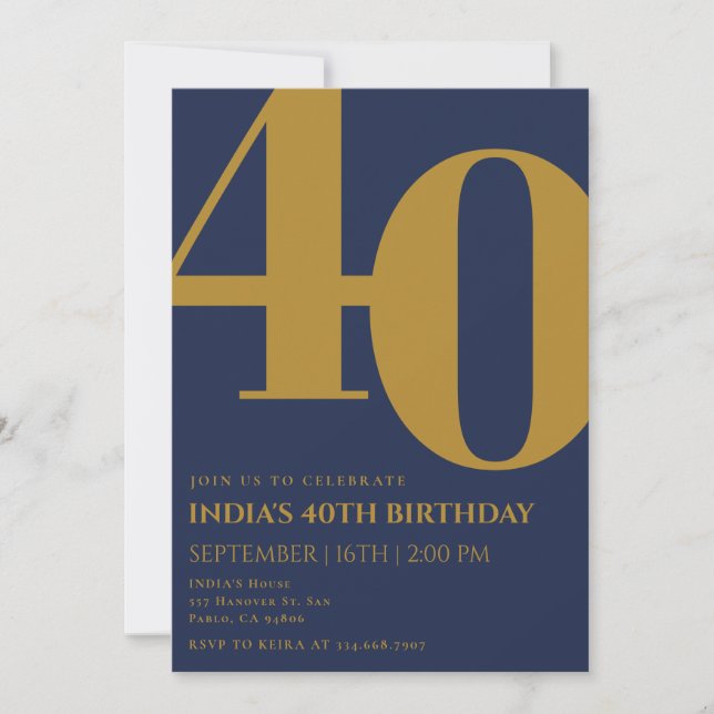 Invitación Elegante Marina Azul y Oro 40 cumpleaños (Anverso)