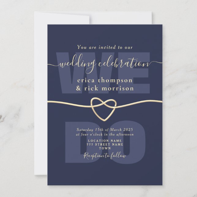 Invitación Elegante Marina Azul y Oro que hacemos Boda (Anverso)