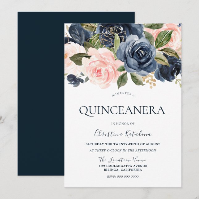 Invitación Elegante Marina Azul y Rubor Rosa Quinceanera (Anverso / Reverso)