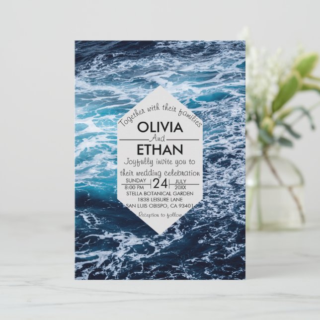 Invitación Elegante Marina Blue Ocean Waves Beach Wedding (Anverso de pie)