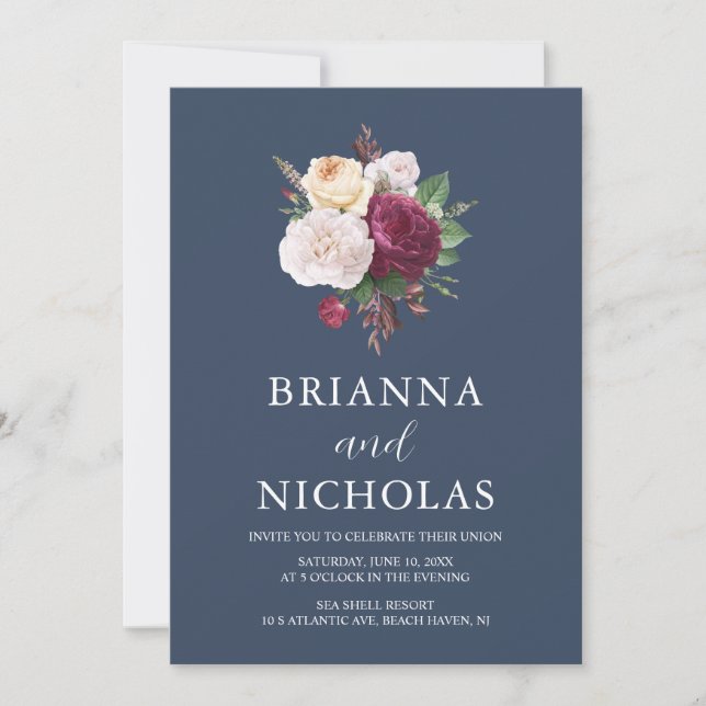 Invitación Elegante Marina Borgoña Floral todo en un Boda (Anverso)