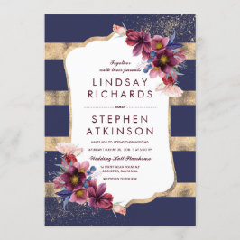 Invitación Elegante Marina Borgoña Floral y Boda de Oro