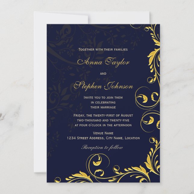 Invitación Elegante Marina Botánica De Floral De Oro (Anverso)