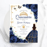 Invitación Elegante Marina Chic Rodea El Oro Floral Quinceane<br><div class="desc">Invitación a la celebración de Quinceanera azul marino, dorado y blanco. Cuenta con chica de morena en vestido de bata de bola, letra de guión, mariposas doradas, rosas de marina y tiara. Perfecto para una elegante celebración de glam al estilo de la princesa. Personaliza con tus propios detalles. Invitaciones Zazzle...</div>