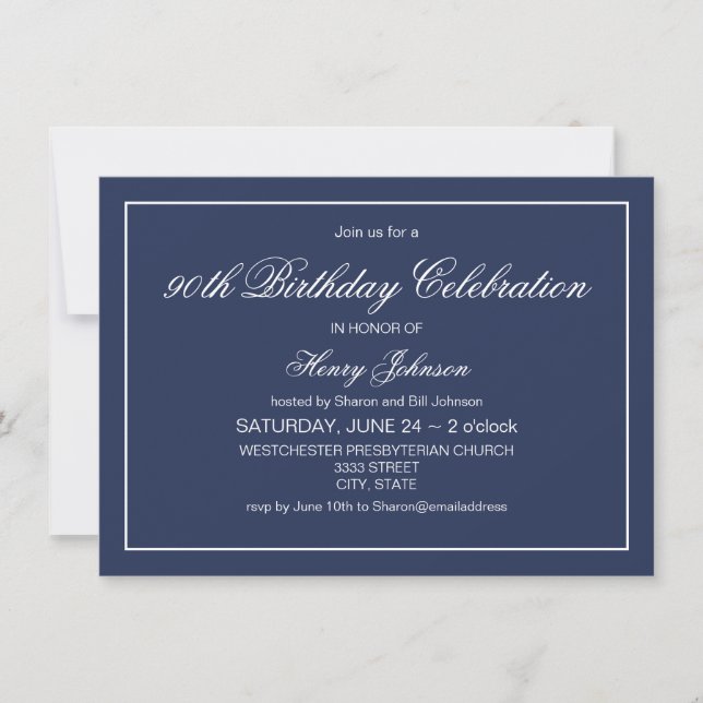 Invitación Elegante Marina Clásica Azul y Blanco 90 cumpleaño (Anverso)