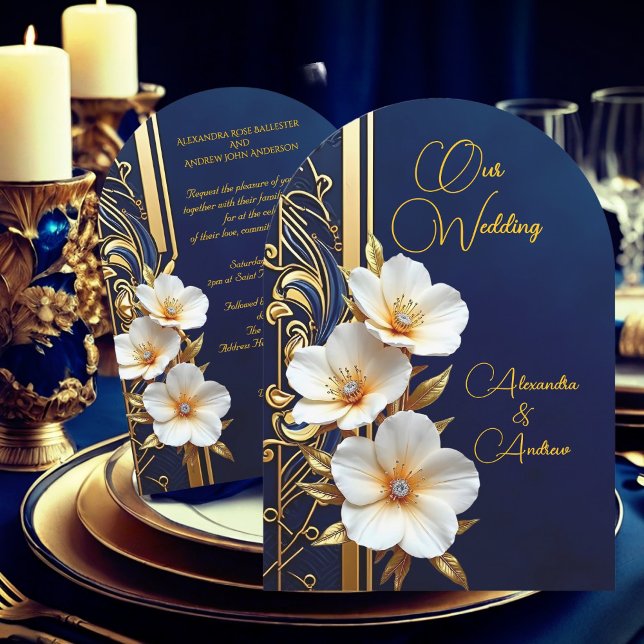 Invitación Elegante Marina de Boda Azul Dorado Floral de Diam (Subido por el creador)