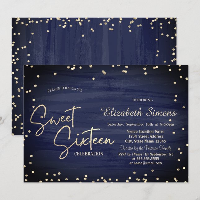 Invitación Elegante Marina de Diamantes Azul Guión de Oro Dul (Anverso / Reverso)
