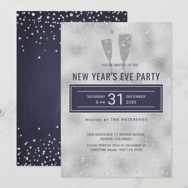 Invitación Elegante marina de Fiesta de Año Nuevo (Anverso / Reverso)