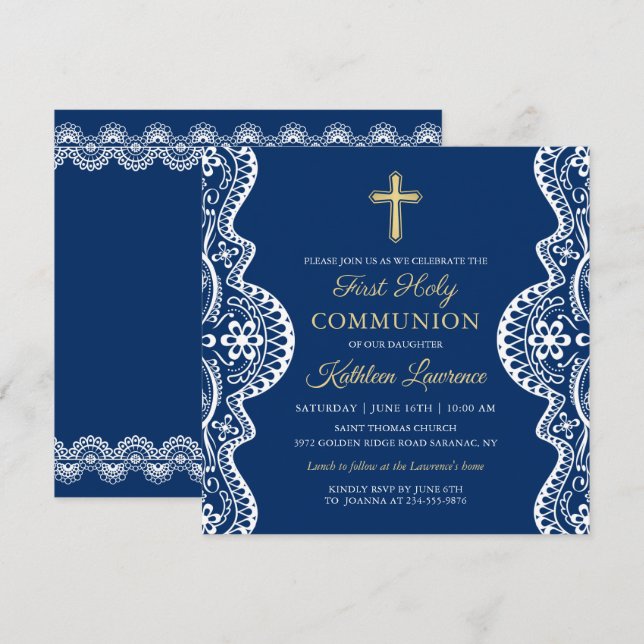 Invitación Elegante Marina de los Lados Azul Primera Santa Co (Anverso / Reverso)
