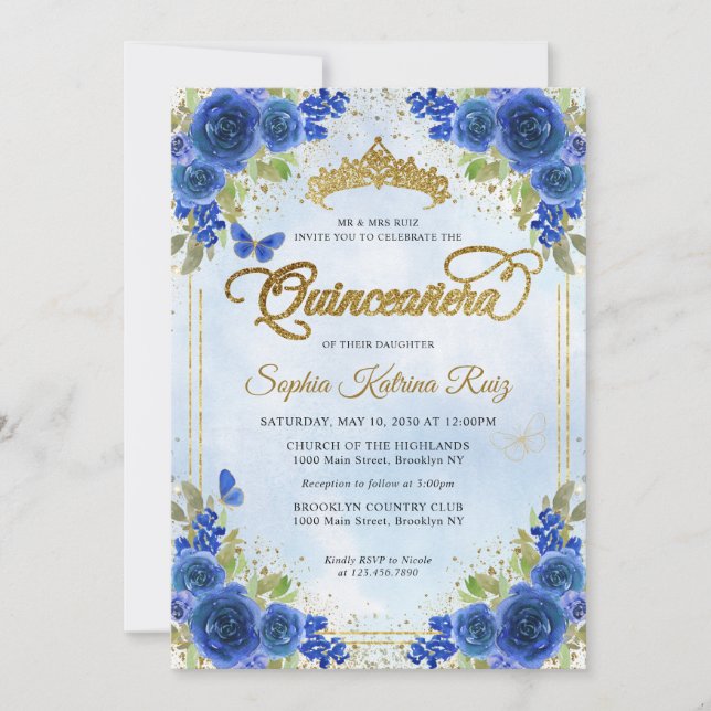 Invitación Elegante Marina Floral Azul Oro Tiara Quinceañera (Anverso)