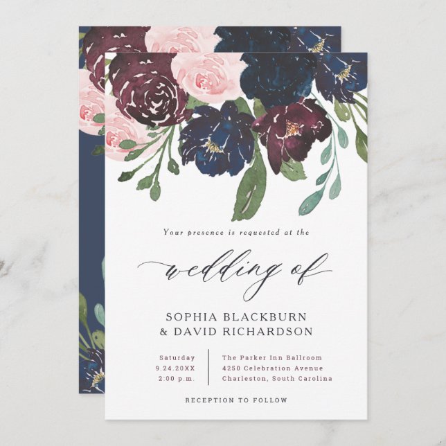 Invitación Elegante Marina Floral Azul y Ciruela | BODA (Anverso / Reverso)
