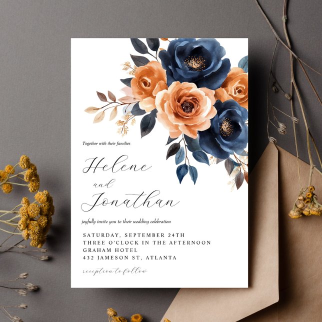 Invitación Elegante Marina Floral Blue Terracotta Garden Wedd (Elegant Floral Navy Blue Terracotta Garden Wedding Invitation)