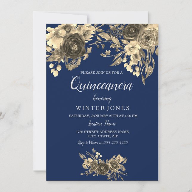 Invitación Elegante Marina Floral de Oro Azul Invida Quincean (Anverso)