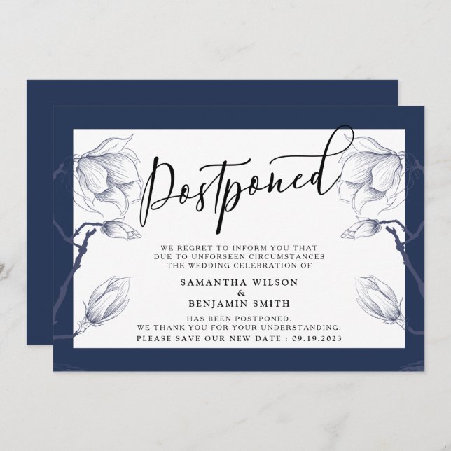 Invitación Elegante Marina Floral y Boda Blanco Pospuesto (Anverso / Reverso)