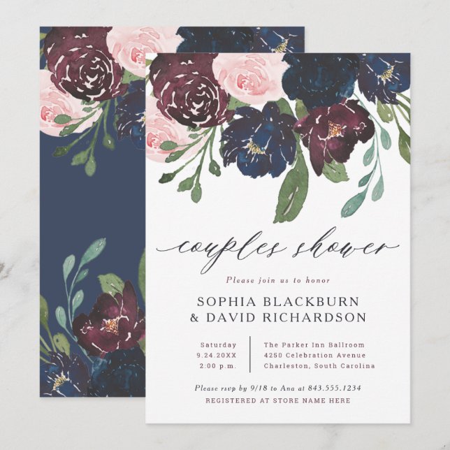 Invitación Elegante marina floral y ciruela | Ducha de pareja (Anverso / Reverso)