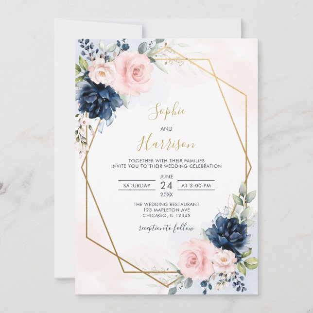 Invitación Elegante Marina Geométrica y Boda floral Rubor (Anverso)