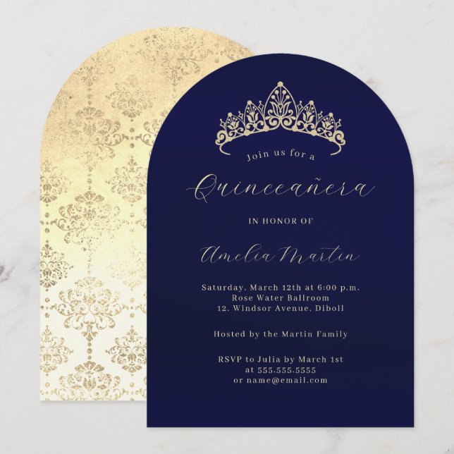 Invitación Elegante Marina Gold Tiara Quinceanera (Anverso / Reverso)