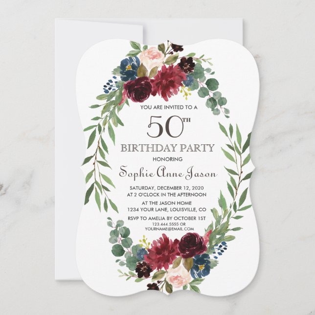 Invitación Elegante Marina Merlot Floral Azul 50 cumpleaños (Anverso)