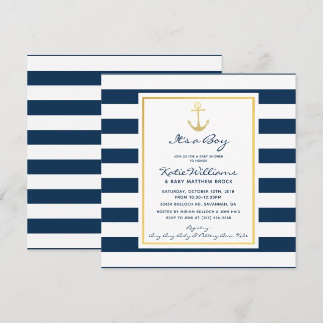 Invitación Elegante Marina Náutica y Baby Shower Ancla de Oro (Anverso / Reverso)