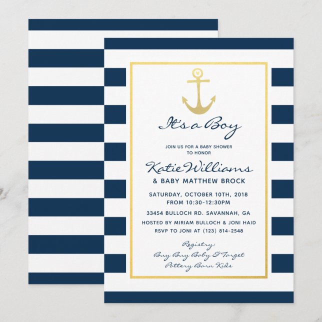 Invitación Elegante Marina Náutica y Baby Shower Gold Boy (Anverso / Reverso)