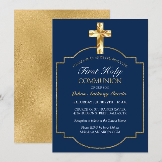 Invitación Elegante Marina Oro Primero Santa Comunión (Anverso / Reverso)
