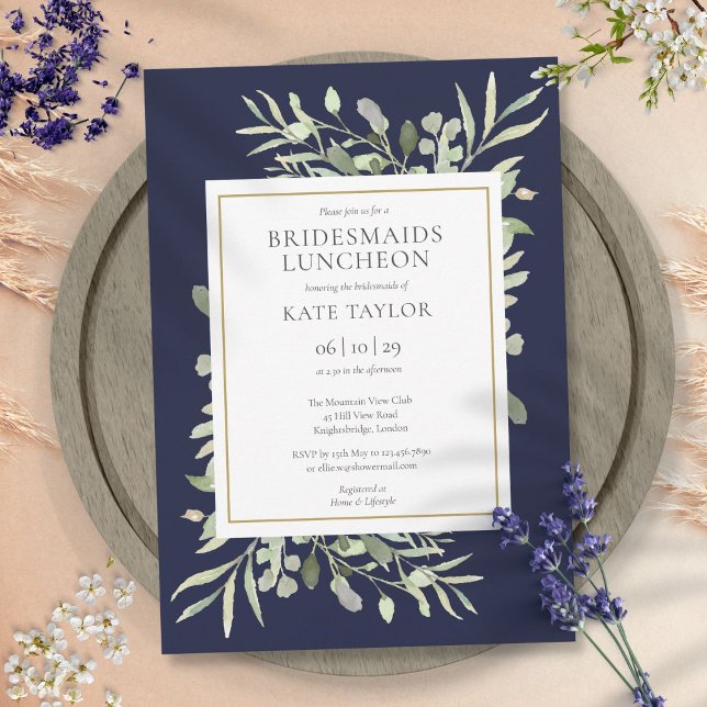 Invitación Elegante Marina Verde Azul Bridesmaids Luncheon (Elegant Navy Blue Greenery Bridesmaids Luncheon Invitation)