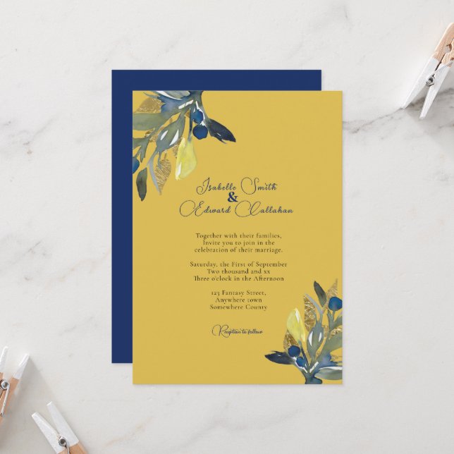 Invitación Elegante marina y acuarela dorada deja Boda (Anverso/Reverso In Situ)