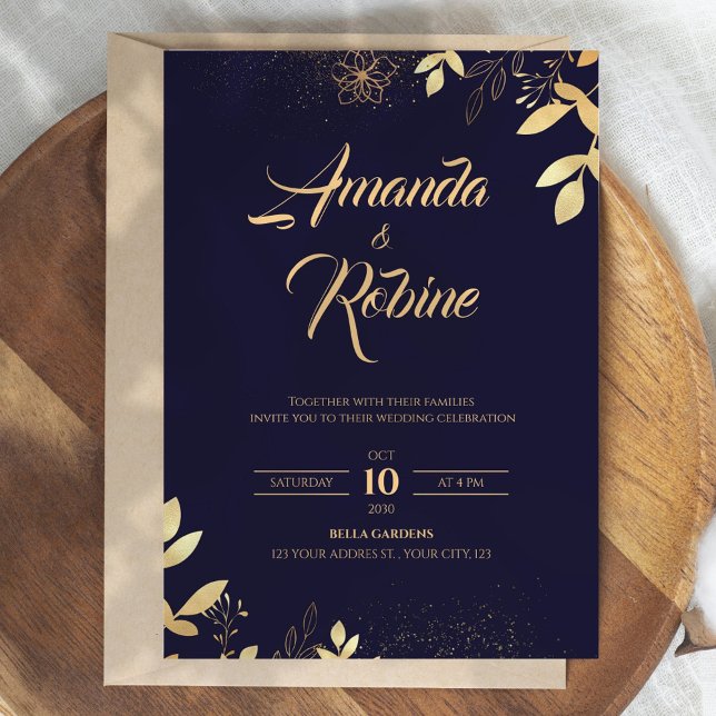 Invitación Elegante marina y boda de oro (Subido por el creador)