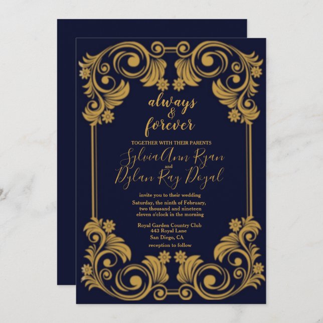 Invitación Elegante marina y boda de oro (Anverso / Reverso)