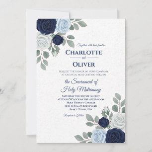 Invitación Elegante marina y boda floral azul