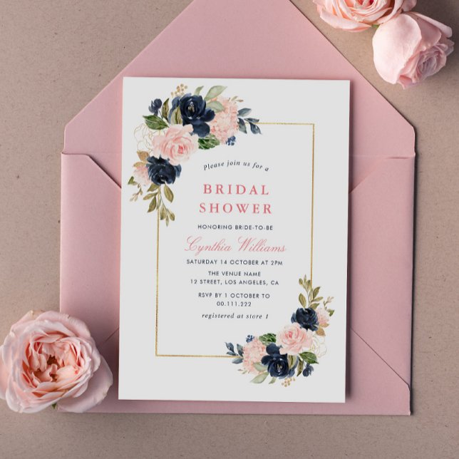 Invitación elegante marina y ducha de novia floral y rubia (Subido por el creador)