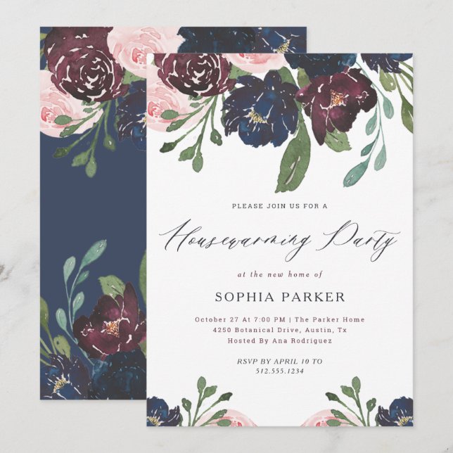 Invitación Elegante marina y floral de ciruelas | Fiesta para (Anverso / Reverso)