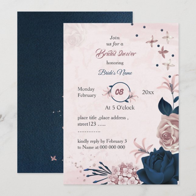 Invitación elegante marina y flores rosas ducha de novia (Anverso / Reverso)
