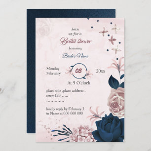 Invitación elegante marina y flores rosas ducha de novia