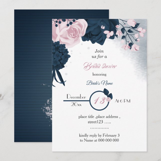 Invitación elegante marina y flores rosas ducha de novia (Anverso / Reverso)
