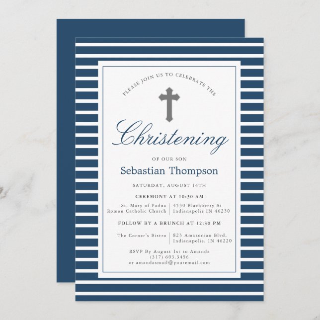 Invitación Elegante marina y franjas blancas cristianas (Anverso / Reverso)