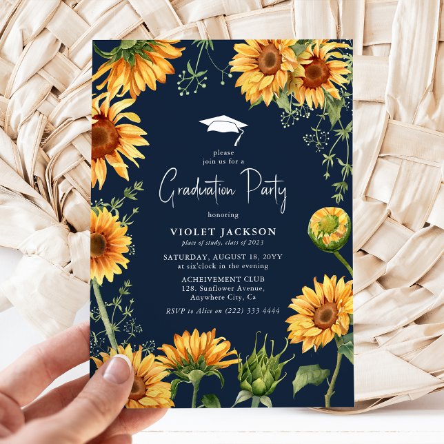 Invitación Elegante marina y graduación floral de girasol ama (Subido por el creador)