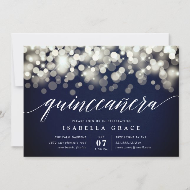 Invitación Elegante marina y luces de oro Quinceanera (Anverso)