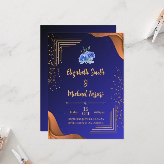 Invitación Elegante marina y Naranja quemado elegante matrimo (Anverso/Reverso In Situ)