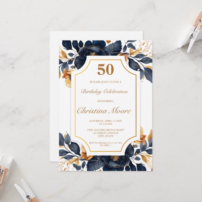 Invitación Elegante Marina y Oro 50 cumpleaños (Anverso/Reverso In Situ)