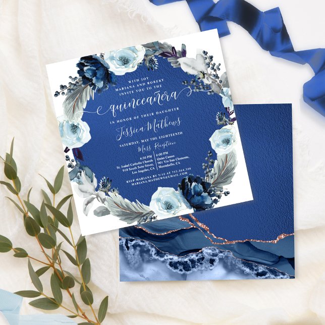 Invitación Elegante Marina y Real Azul Quinceañera, Floral (Subido por el creador)