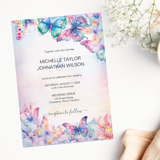 Invitación Elegante mariposa acuarela Flor silvestre colorido (colorful watercolor butterfly)