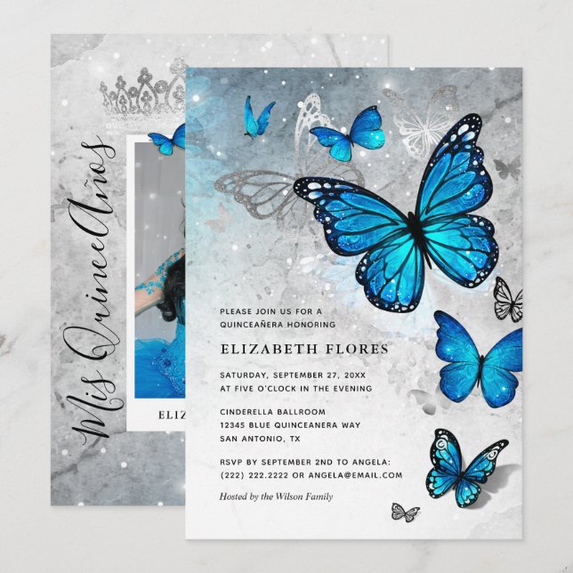 Invitación Elegante mariposa azul Cenicienta Quinceanera (Anverso / Reverso)