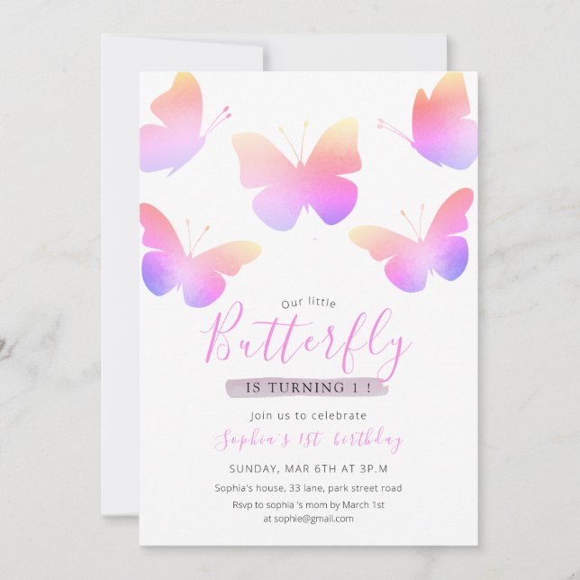 Invitación Elegante mariposa color rosa 1º cumpleaños (Anverso)