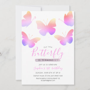 Invitación Elegante mariposa color rosa 1º cumpleaños