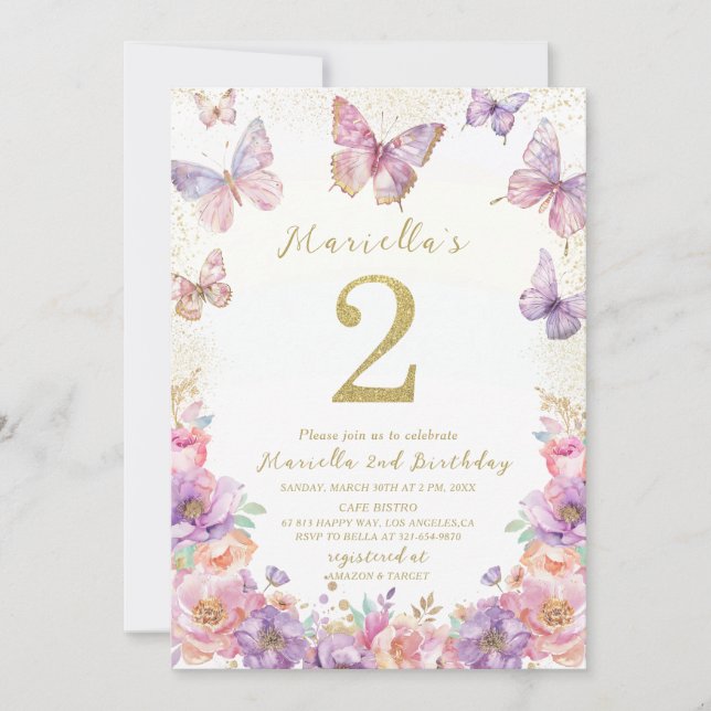 Invitación Elegante Mariposa Cumpleaños Uno Aquarela Niña (Anverso)