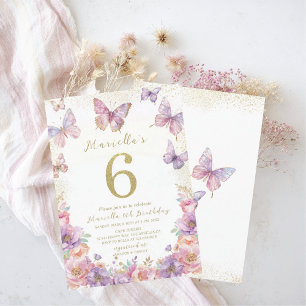 Invitación Elegante Mariposa de Cumpleaños Uno 6 Años Acuarel