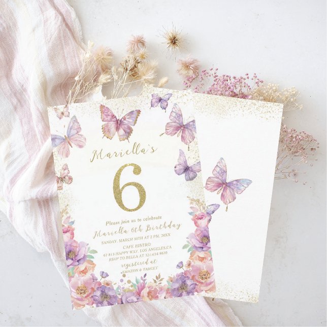 Invitación Elegante Mariposa de Cumpleaños Uno 6 Años Acuarel (Subido por el creador)