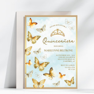 Invitación Elegante Mariposa de Oro Azul Quinceañera